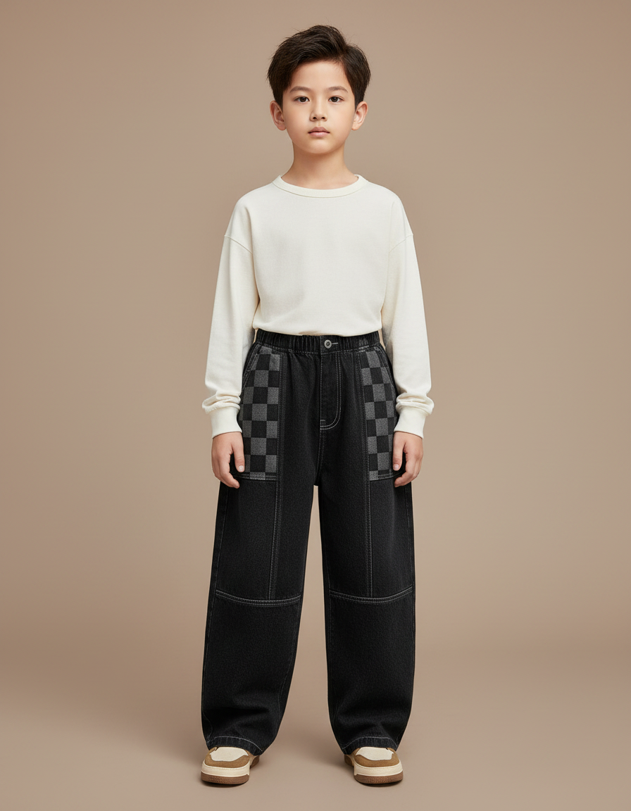 Pantalon Japonais Noir Large Carreaux Garçon Décontracté - Jean