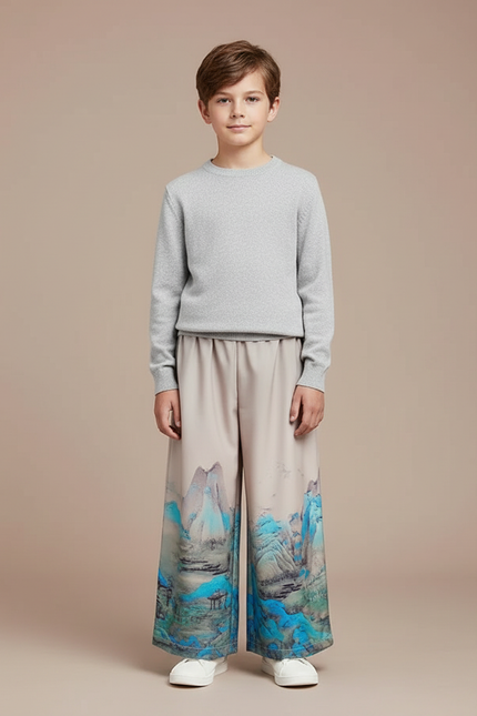 Pantalon Japonais Ample Montagnes Bleues Fluide Enfant - Multicolore Polyester