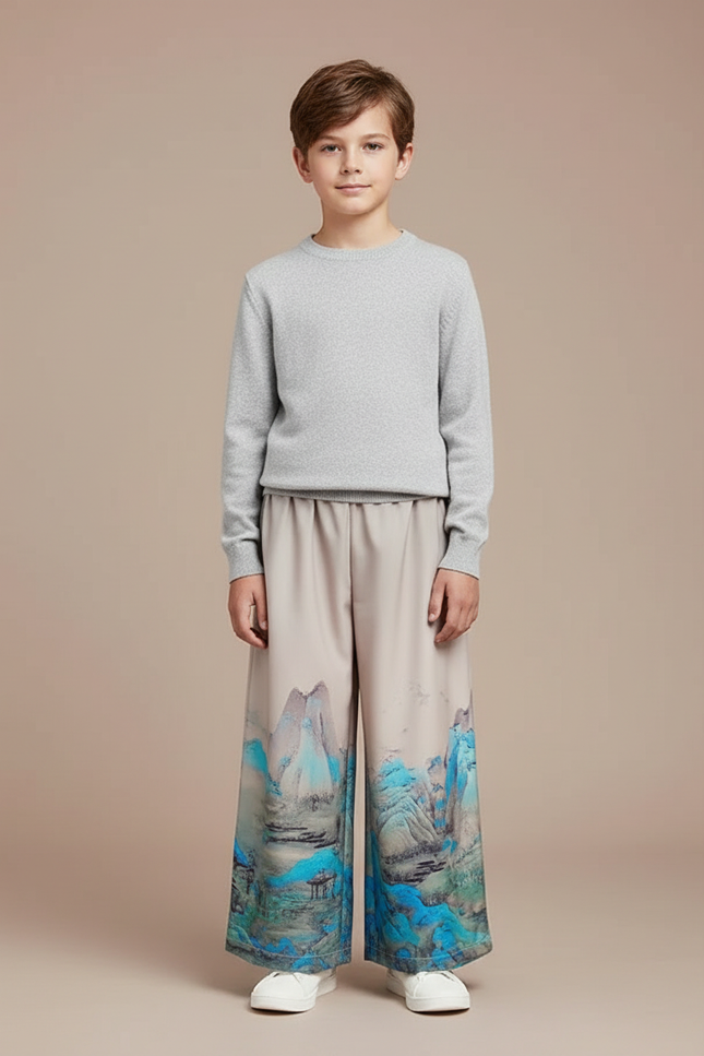 Pantalon Japonais Ample Montagnes Bleues Fluide Enfant - Multicolore Polyester