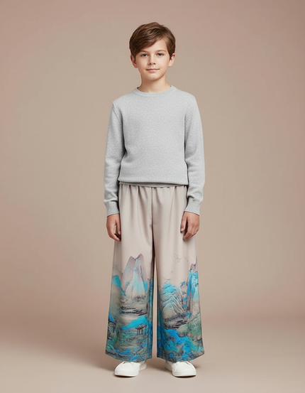 Pantalon Japonais Ample Montagnes Bleues Fluide Enfant - Multicolore Polyester