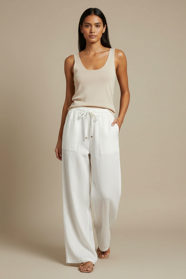 Pantalon Japonais Blanc Fluide Ample Lin Décontracté