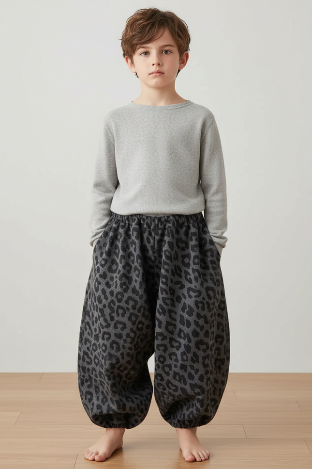 Pantalon Japonais Léopard Ample Sarouel Enfant - Gris Molleton