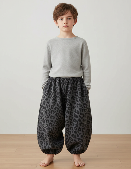 Pantalon Japonais Léopard Ample Sarouel Enfant - Gris Molleton