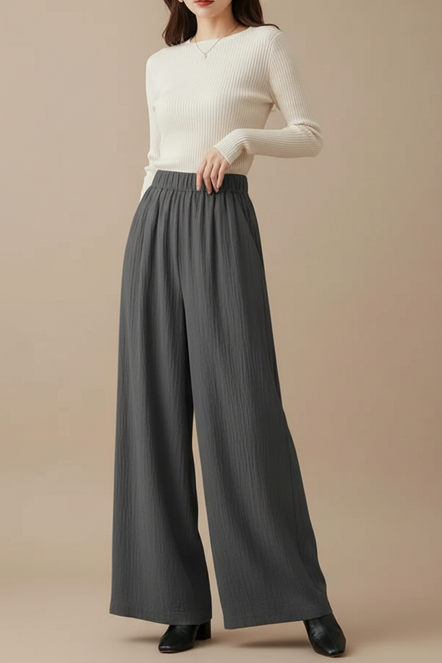 Pantalon Japonais Large Fluide Gris Décontracté Femme - Lin