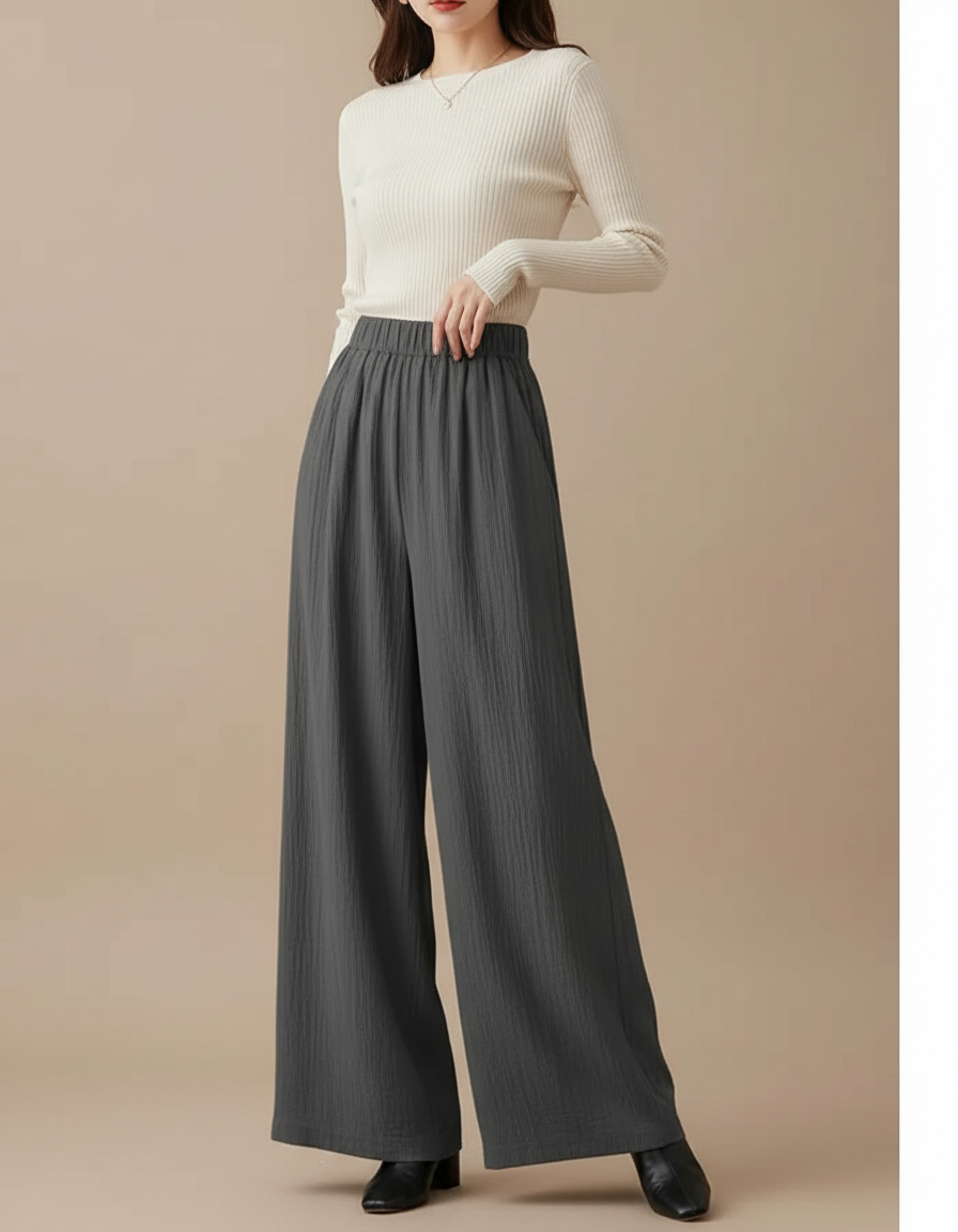 Pantalon Japonais Large Fluide Gris Décontracté Femme - Lin
