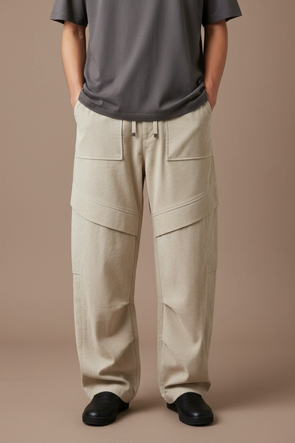Pantalon Japonais Beige Ample Côtelé Décontracté Homme - Cordé