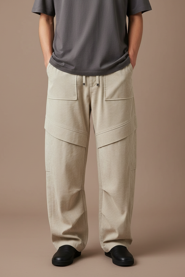 Pantalon Japonais Beige Ample Côtelé Décontracté Homme - Cordé