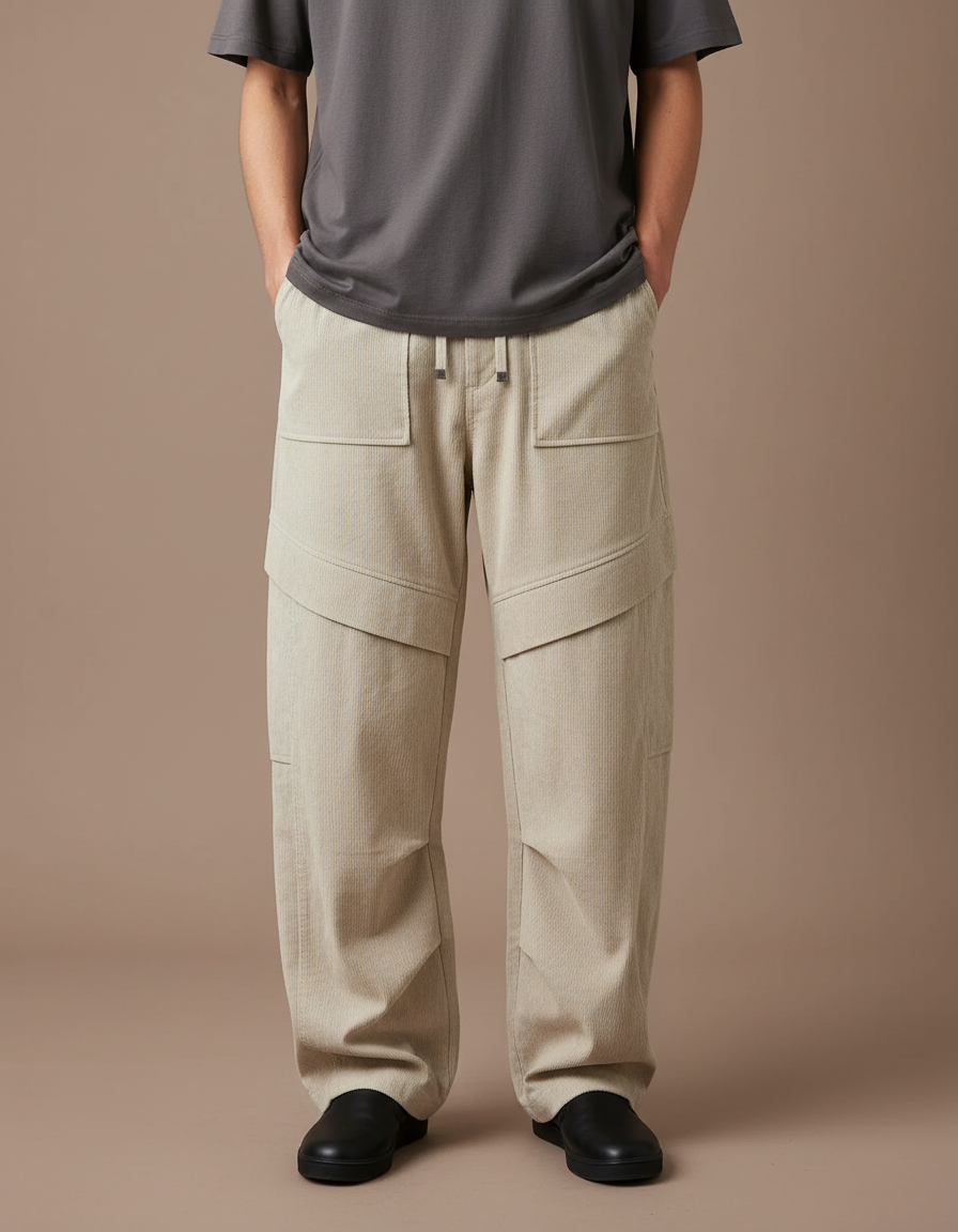Pantalon Japonais Beige Ample Côtelé Décontracté Homme - Cordé