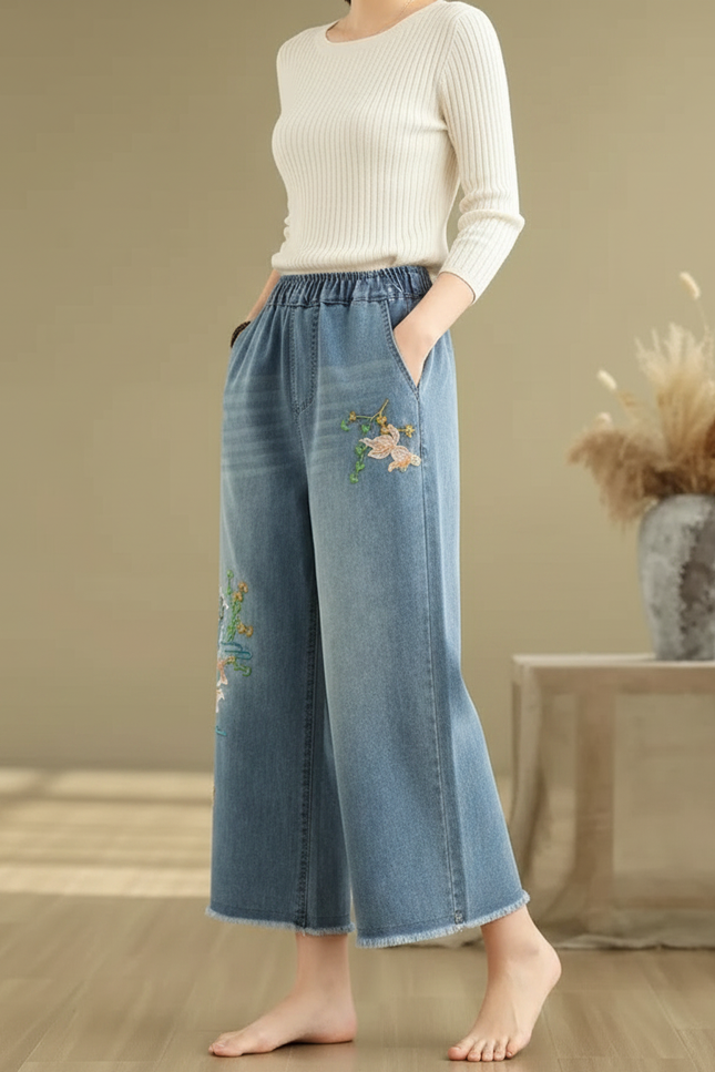 Pantalon Japonais Denim Ample Brodé Fleur Femme - Bleu Jean
