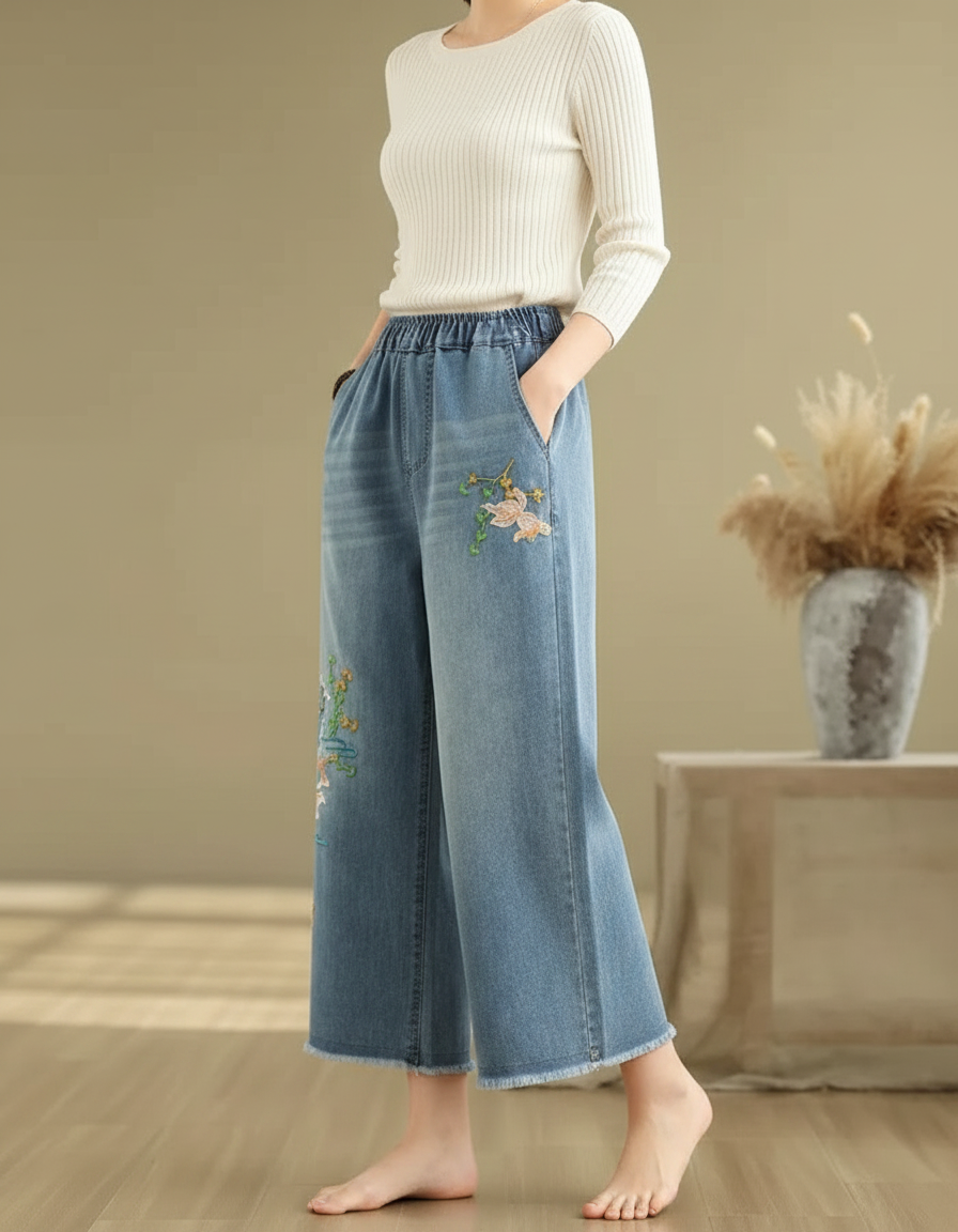 Pantalon Japonais Denim Ample Brodé Fleur Femme - Bleu Jean