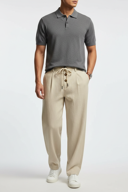 Pantalon Japonais Lin Beige Ample Décontracté Boutons