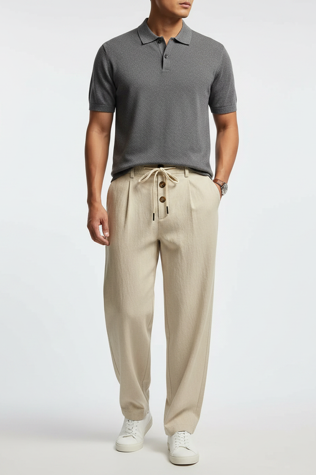 Pantalon Japonais Lin Beige Ample Décontracté Boutons