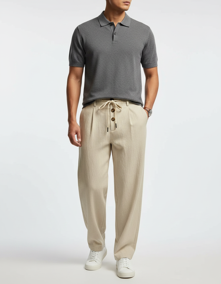 Pantalon Japonais Lin Beige Ample Décontracté Boutons