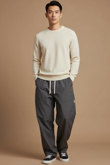 Pantalon Japonais Gris Ample Cordon Respirant - Polyester