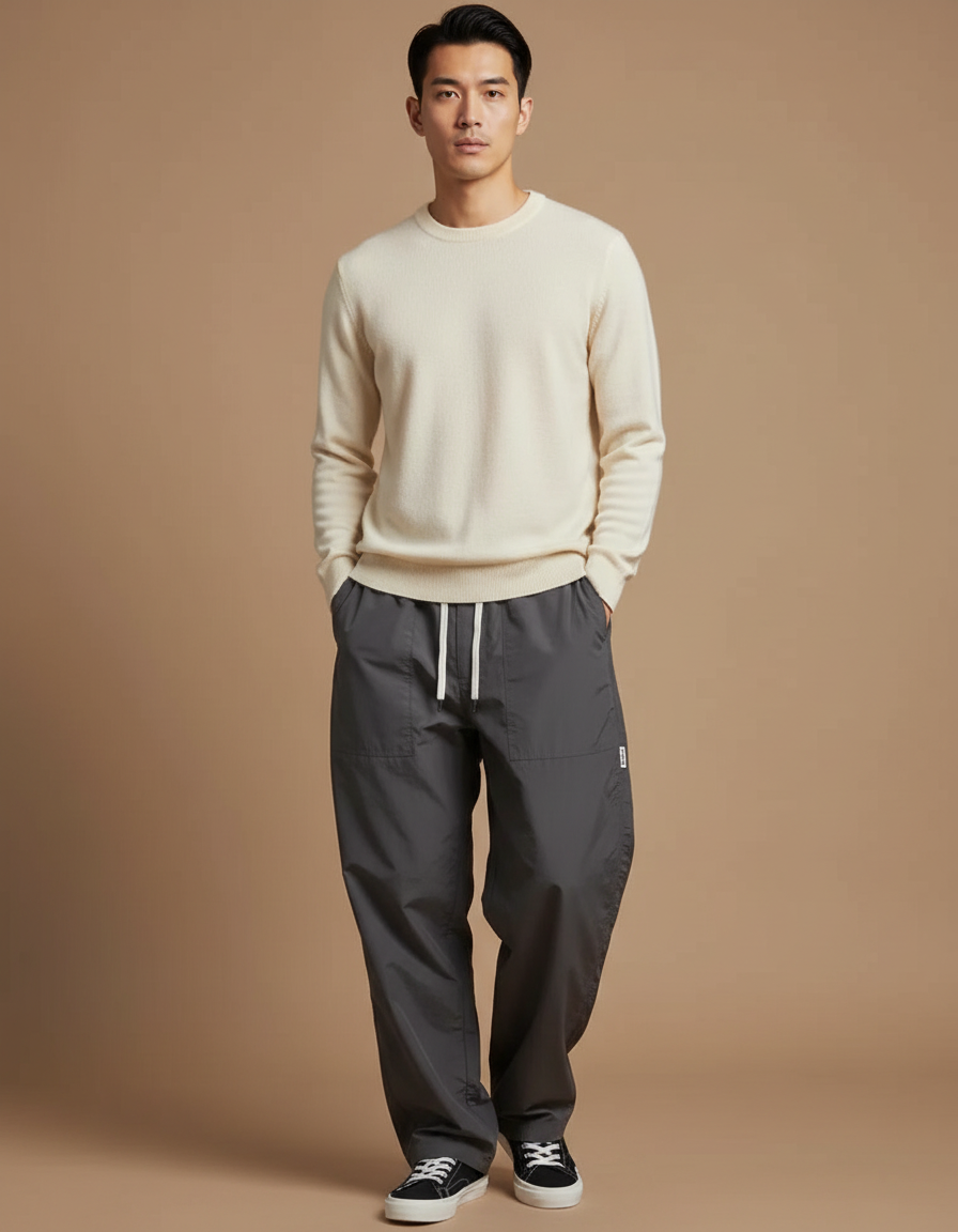 Pantalon Japonais Gris Ample Cordon Respirant - Polyester