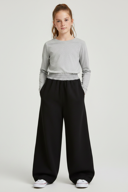 Pantalon Japonais Noir Côtelé Ample Confortable Fille - Cordé