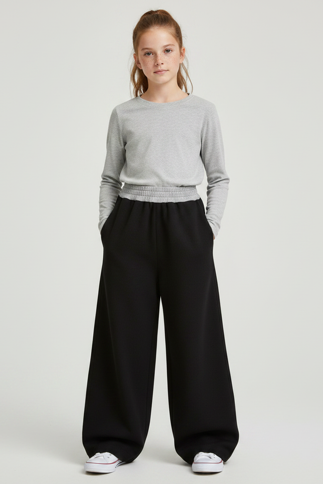 Pantalon Japonais Noir Côtelé Ample Confortable Fille - Cordé
