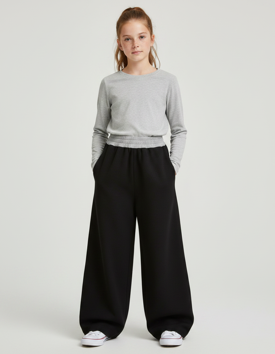 Pantalon Japonais Noir Côtelé Ample Confortable Fille - Cordé