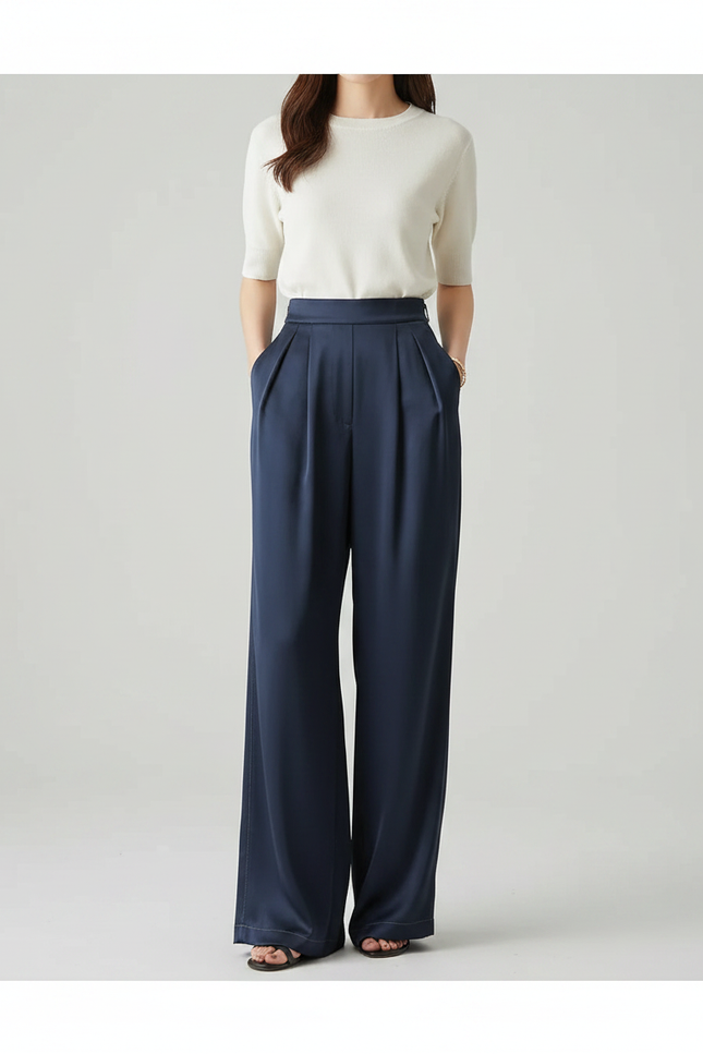 Pantalon Japonais Bleu Marine Fluide Ample Élégant - Satin