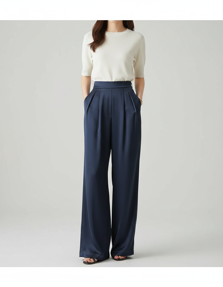 Pantalon Japonais Bleu Marine Fluide Ample Élégant - Satin