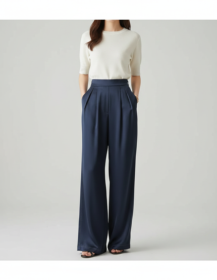 Pantalon Japonais Bleu Marine Fluide Ample Élégant - Satin