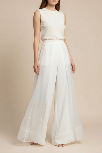 Pantalon Japonais Blanc Organza Ample Fluide Élégant - Polyester
