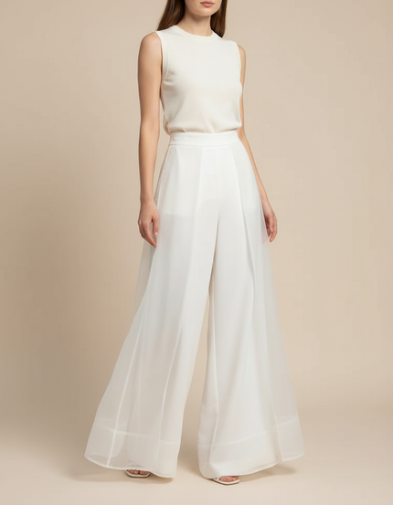Pantalon Japonais Blanc Organza Ample Fluide Élégant - Polyester