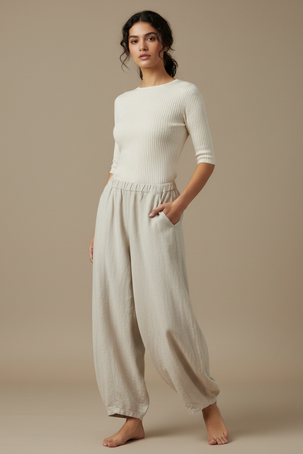 Pantalon Japonais Beige Lin Ample Décontracté Femme
