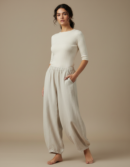 Pantalon Japonais Beige Lin Ample Décontracté Femme
