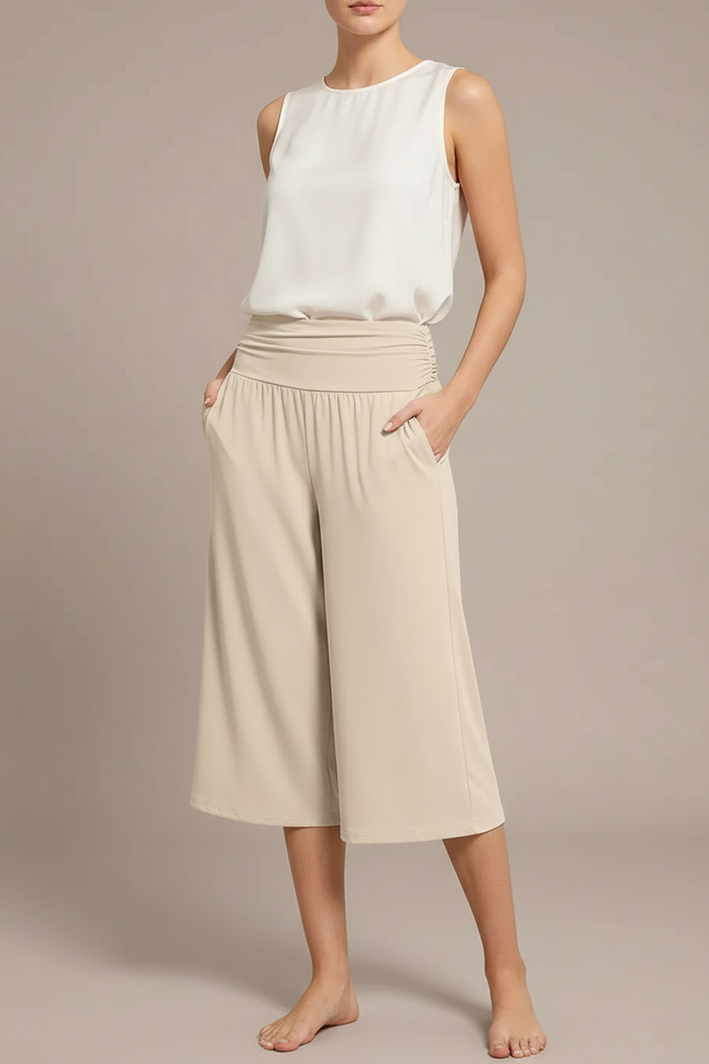 Pantalon Japonais Beige Ample Fluide Court Décontracté - Viscose