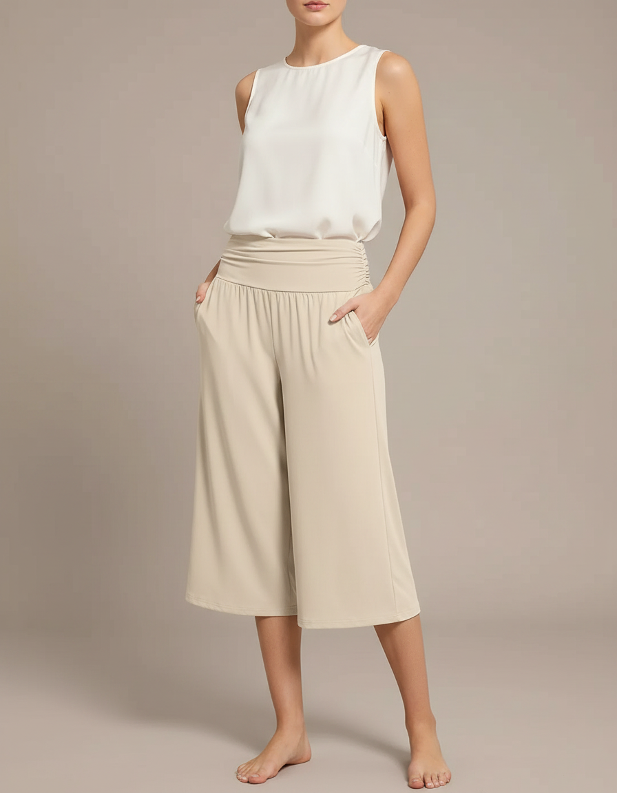 Pantalon Japonais Beige Ample Fluide Court Décontracté - Viscose