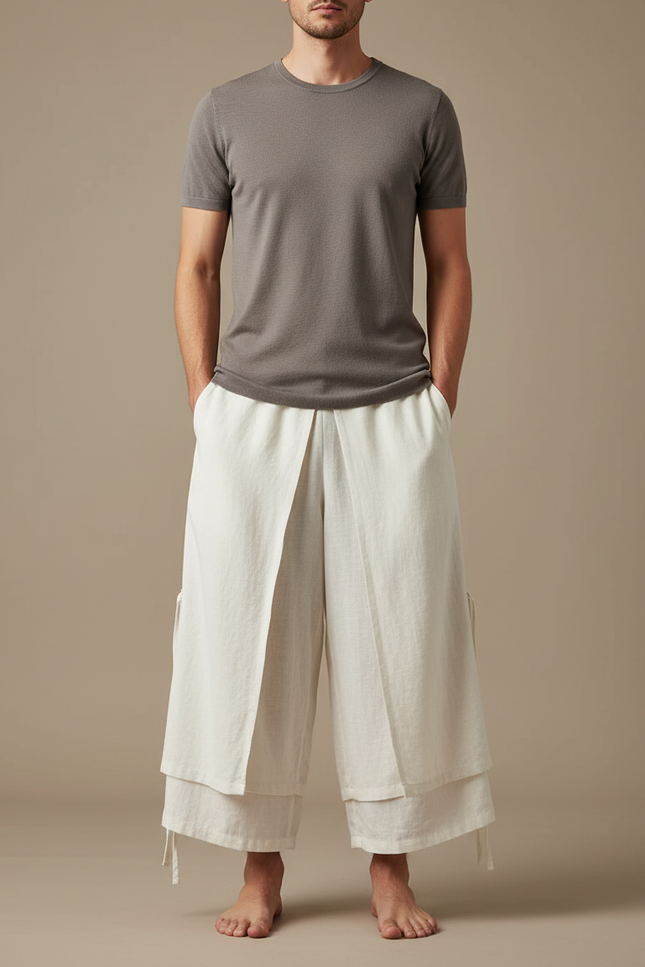 Pantalon Japonais Lin Ample Blanc Double Couche Homme