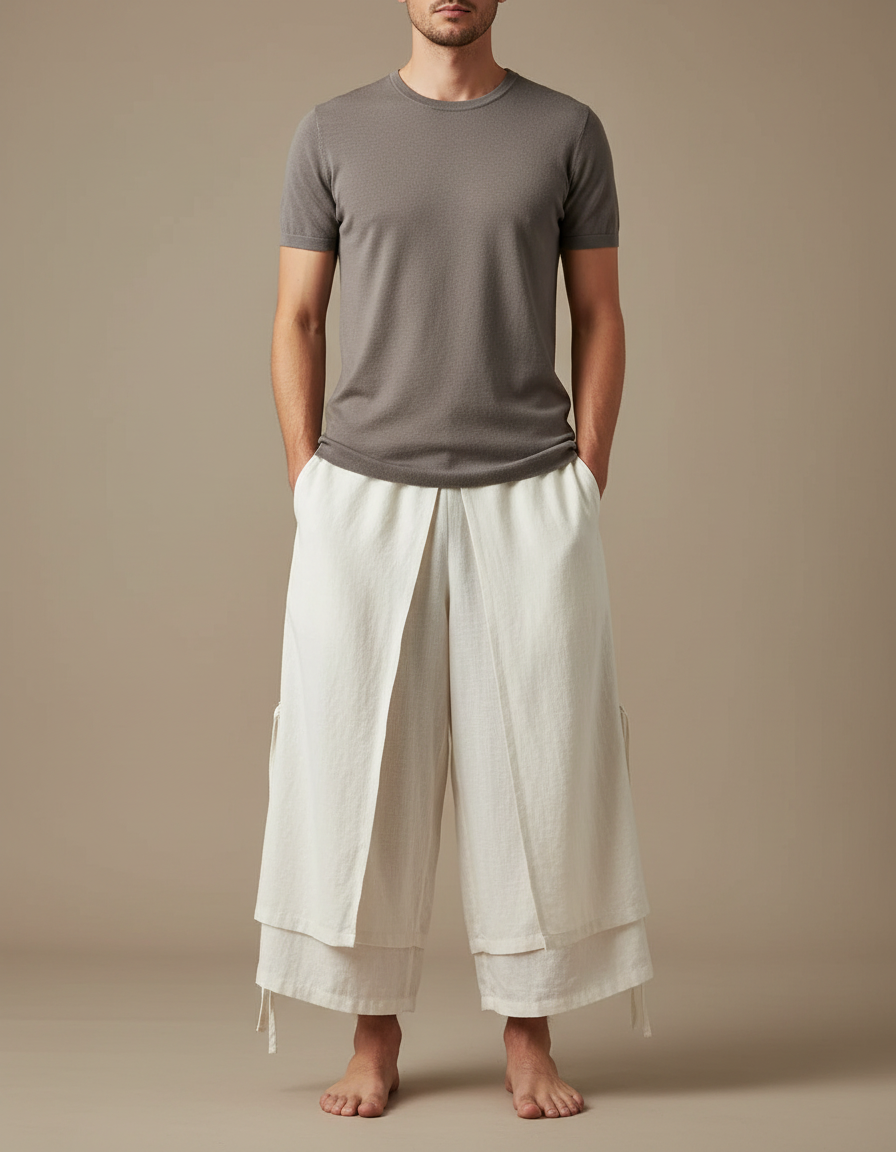 Pantalon Japonais Lin Ample Blanc Double Couche Homme