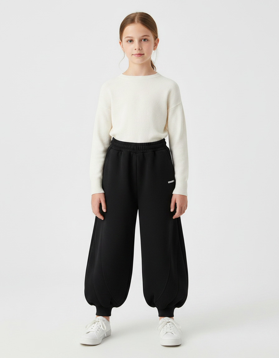 Pantalon Japonais Noir Bouffant Ample Confortable Fille - Molleton