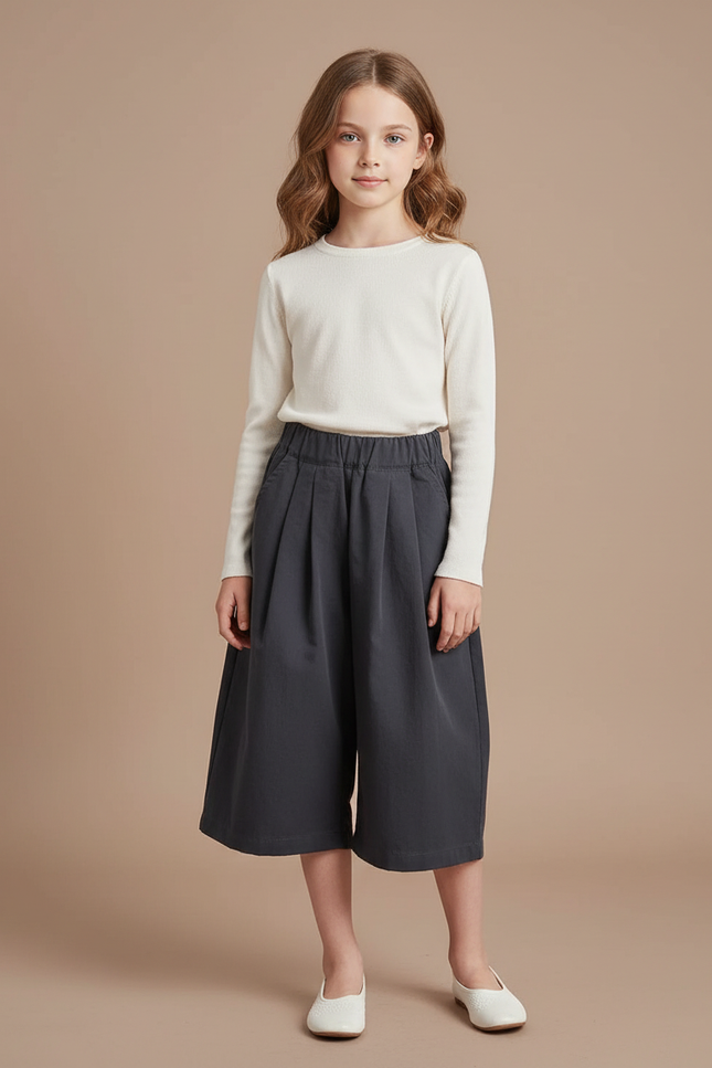 Pantalon Japonais Gris Plissé Ample Fille Coton