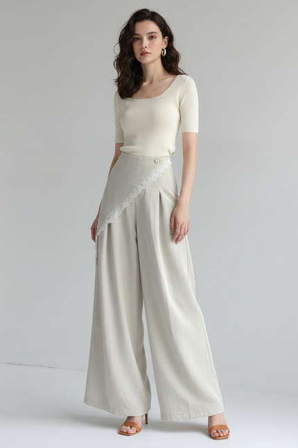 Pantalon Japonais Ample Lin Beige Jupe-culotte Dentelle