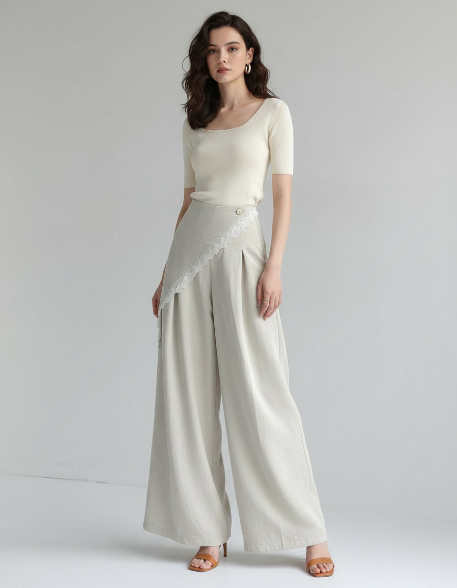 Pantalon Japonais Ample Lin Beige Jupe-culotte Dentelle