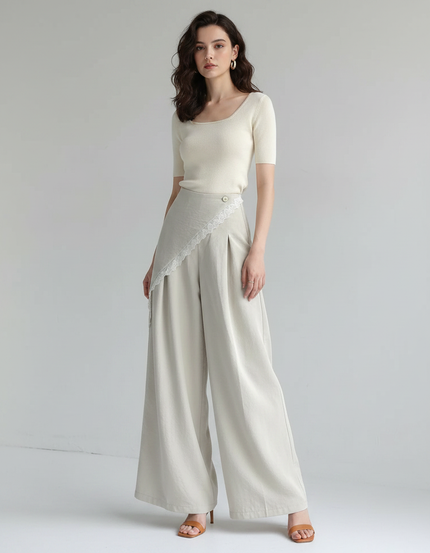 Pantalon Japonais Ample Lin Beige Jupe-culotte Dentelle