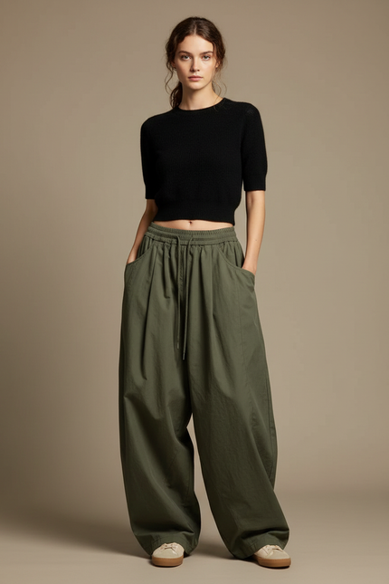 Pantalon Japonais Vert Ample Décontracté Fluide Femme - Kaki Toile