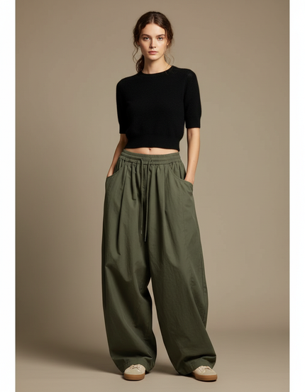 Pantalon Japonais Vert Ample Décontracté Fluide Femme - Kaki Toile