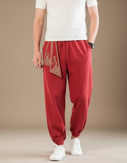 Pantalon Japonais Rouge Brodé Harem Décontracté Coton