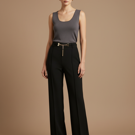 Pantalon Japonais Noir Fluide Élégant Taille Haute Femme - Viscose