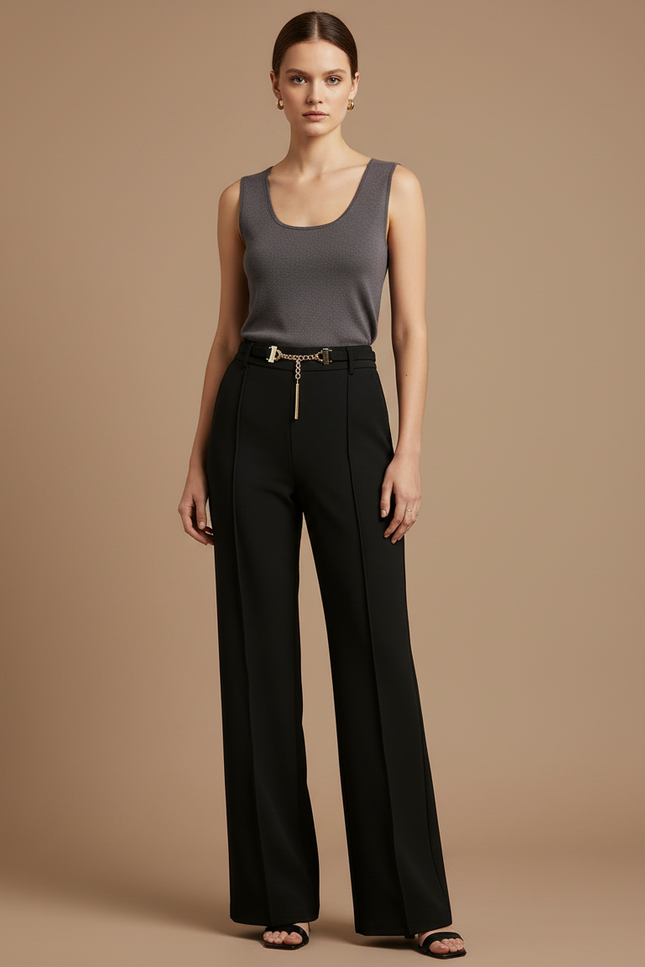 Pantalon Japonais Noir Fluide Élégant Taille Haute Femme - Viscose