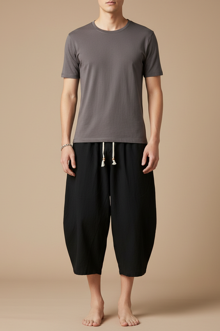 Pantalon Japonais Noir Coton Ample Court Cordon - Lin