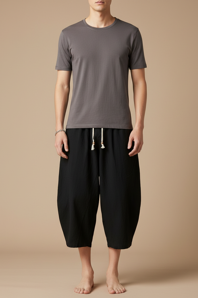 Pantalon Japonais Noir Coton Ample Court Cordon - Lin