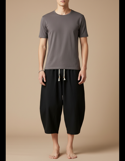 Pantalon Japonais Noir Coton Ample Court Cordon - Lin