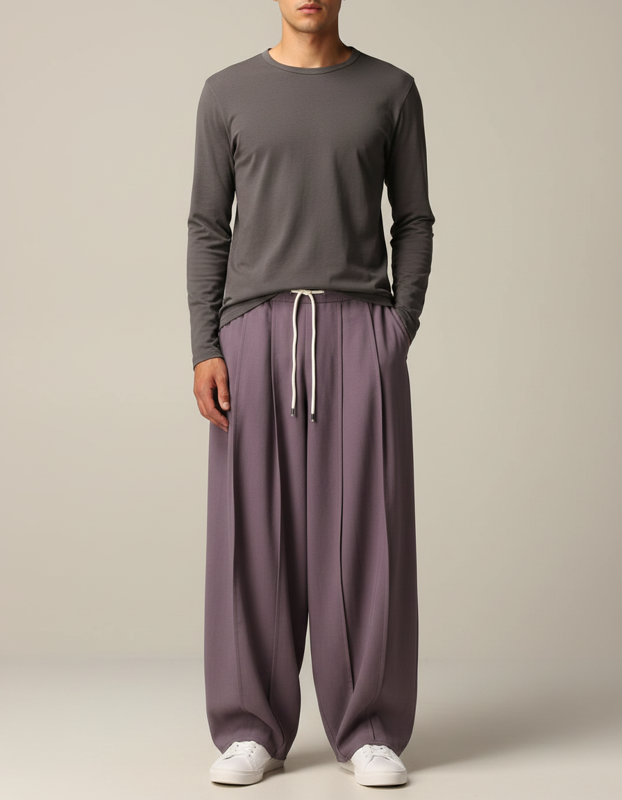 Pantalon Japonais Ample Plissé Violet Décontracté Homme - Polyester
