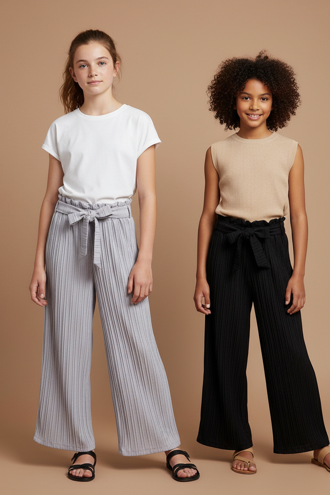 Pantalon Japonais Plissé Ample Décontracté Fille - Gris Maille