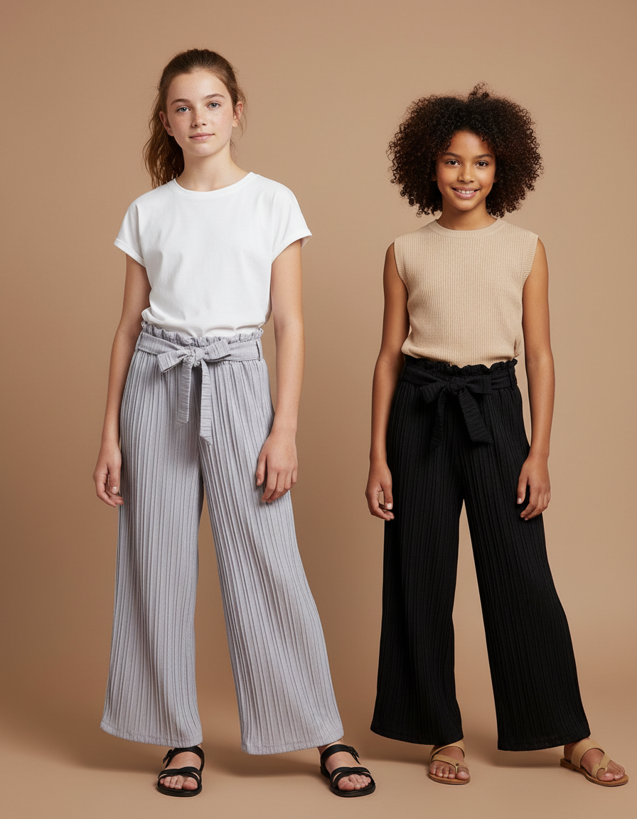 Pantalon Japonais Plissé Ample Décontracté Fille - Gris Maille