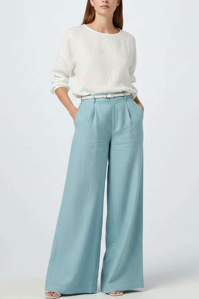 Pantalon Japonais Bleu Ciel Lin Ample Fluide Femme